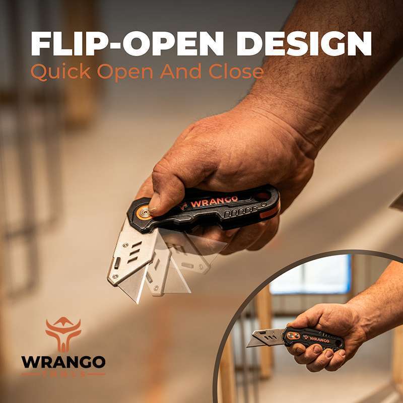 Flip open design of a fixed folding utility knife. Easily open and close by pushing a button.