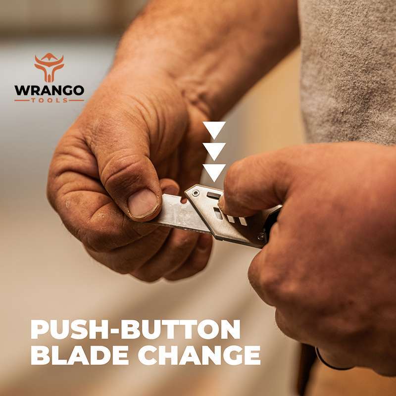 Wrango Tools fixed folding utility knife has a push button blade change.