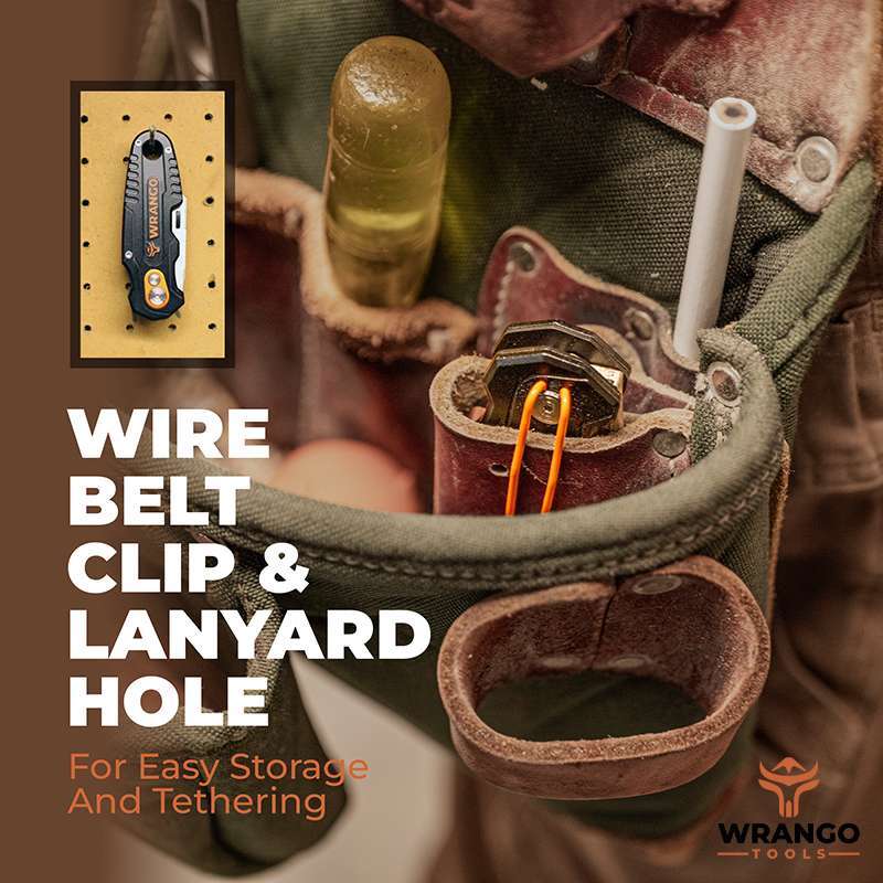 Wrango Tools fixed folding utility knife can be stored using the steel wire belt clip or lanyard hole.
