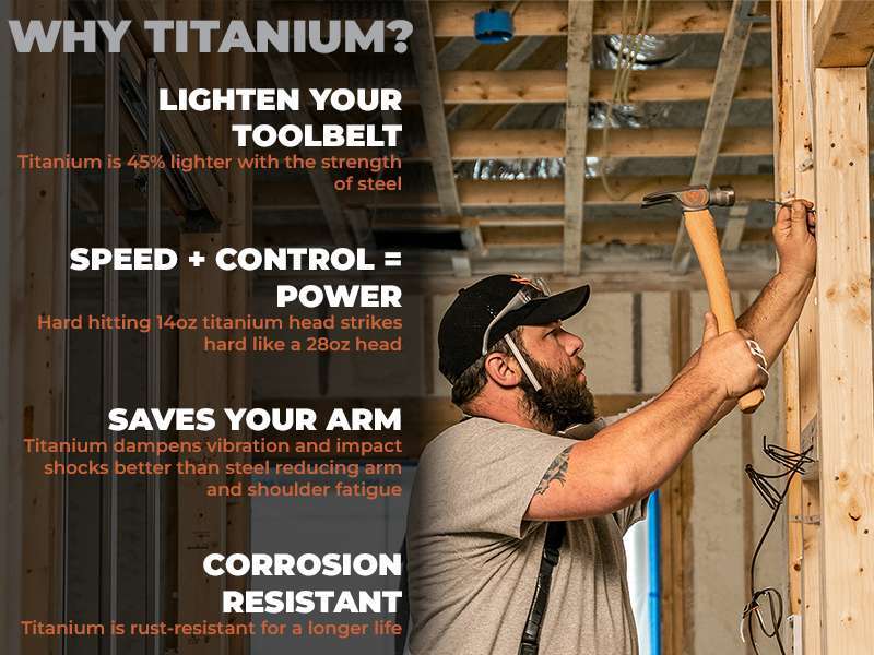 Wrango Tools benefits of using a titanium hammer vs. steel hammer. Titanium is lighter and dampens vibration better than steel.
