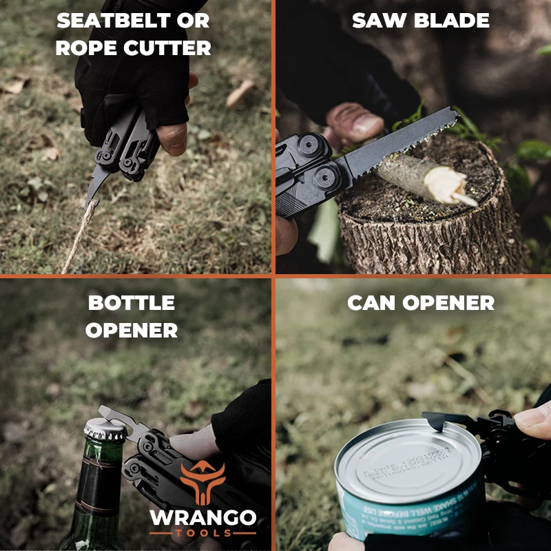 Wrango Tools 15-in-1 multi tool showing a rope cutter, saw blade, bottle opener, and can opener