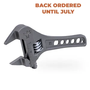 Adjustable wrench with a scale, overlaid with orange text reading 'BACK ORDERED UNTIL JULY'.
